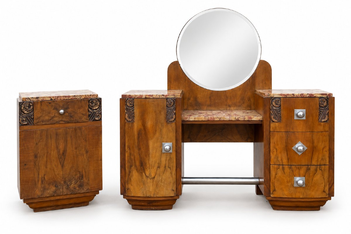 Art Deco Set—dressing Table And Nightstand In Walnut Veneer And Marble, Circa 1930