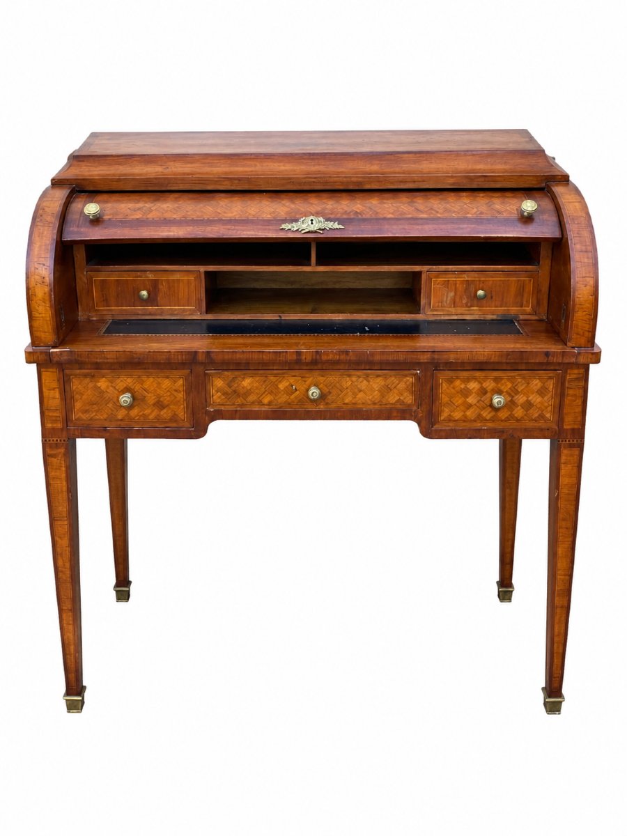 Louis XVI-style Cylinder Desk With Latticework Marquetry—20th Century-photo-2