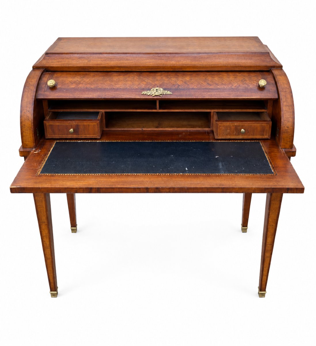 Louis XVI-style Cylinder Desk With Latticework Marquetry—20th Century-photo-4