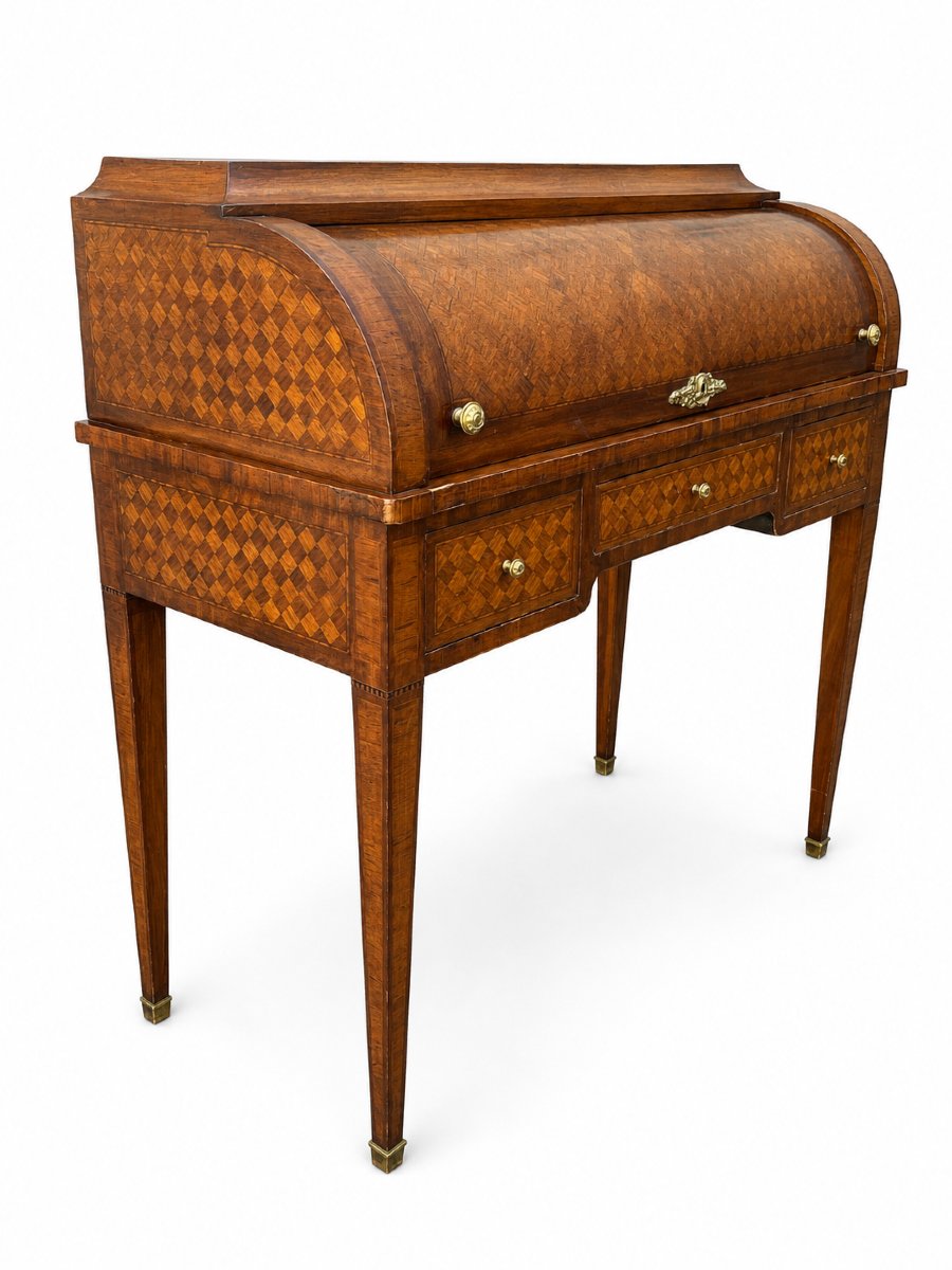 Louis XVI-style Cylinder Desk With Latticework Marquetry—20th Century-photo-3
