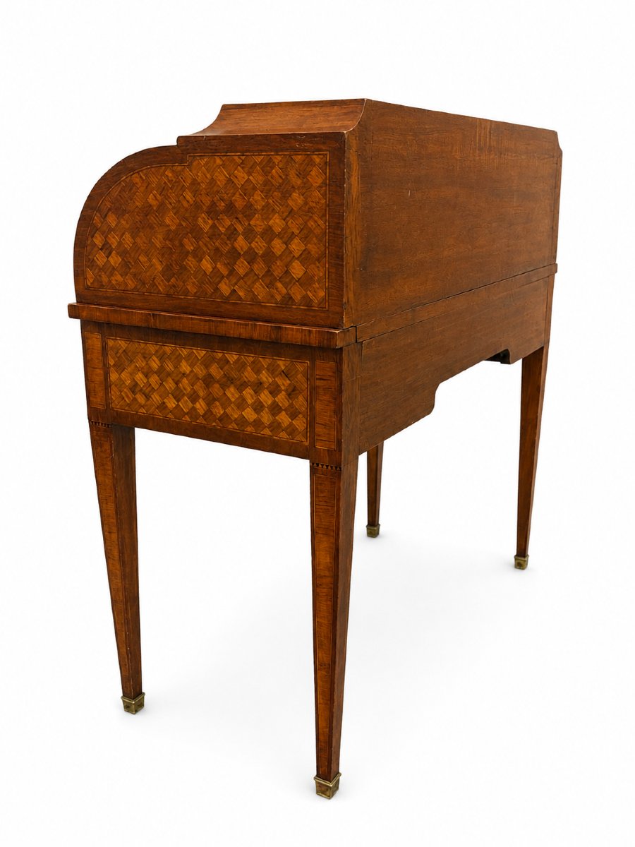 Louis XVI-style Cylinder Desk With Latticework Marquetry—20th Century-photo-4