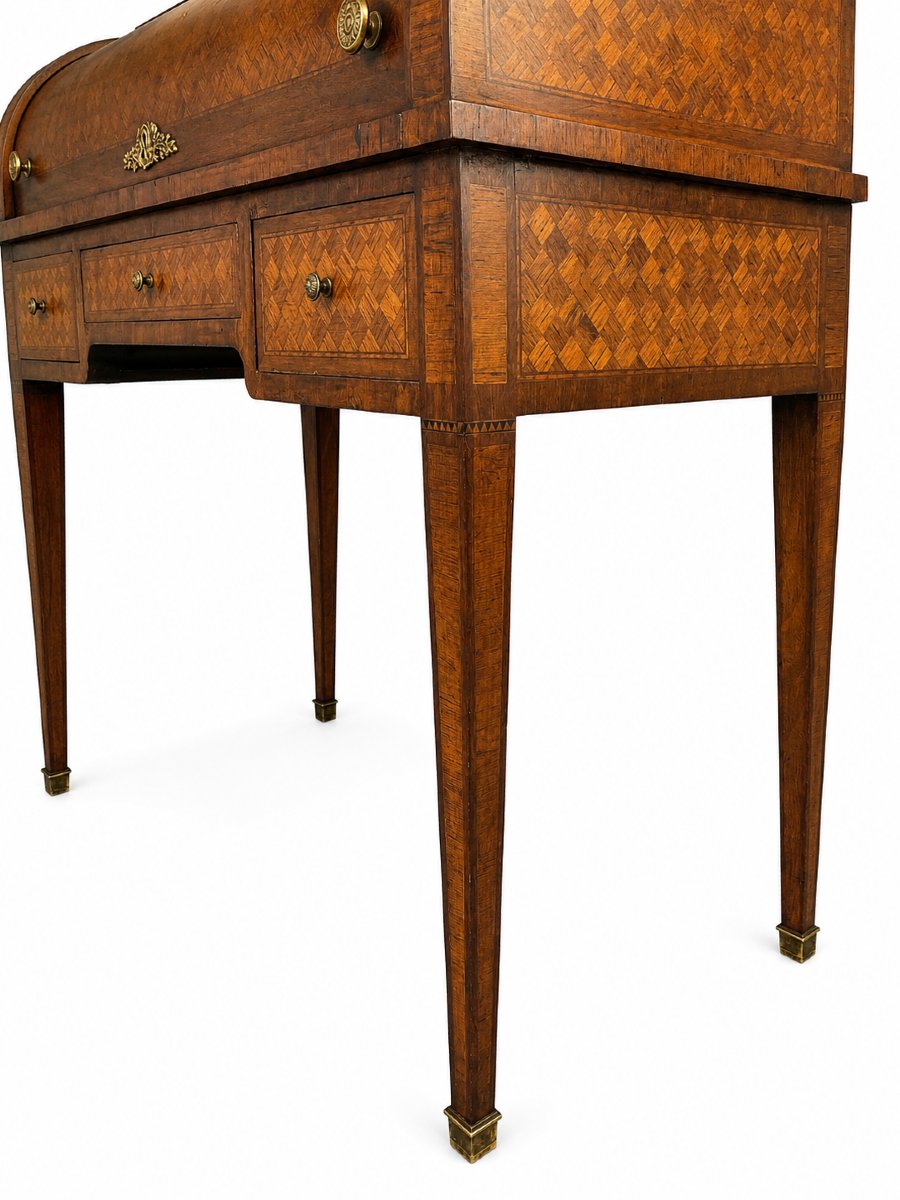 Louis XVI-style Cylinder Desk With Latticework Marquetry—20th Century-photo-6