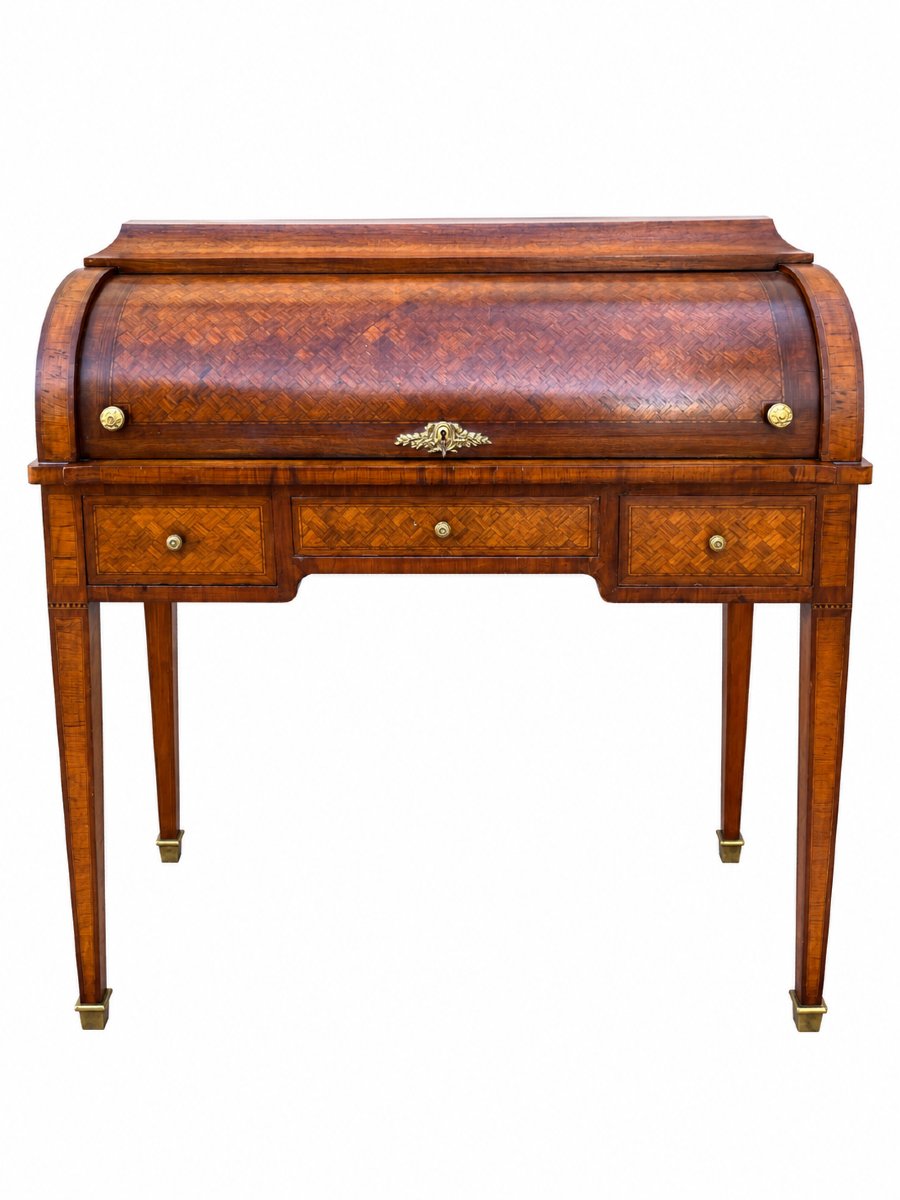 Louis XVI-style Cylinder Desk With Latticework Marquetry—20th Century