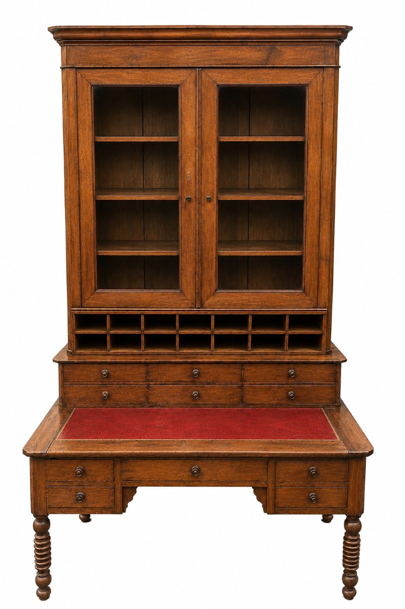 Important bureau bibliothèque avec vitrine, casiers et fauteuil - fin XIXe / début XXe siècle