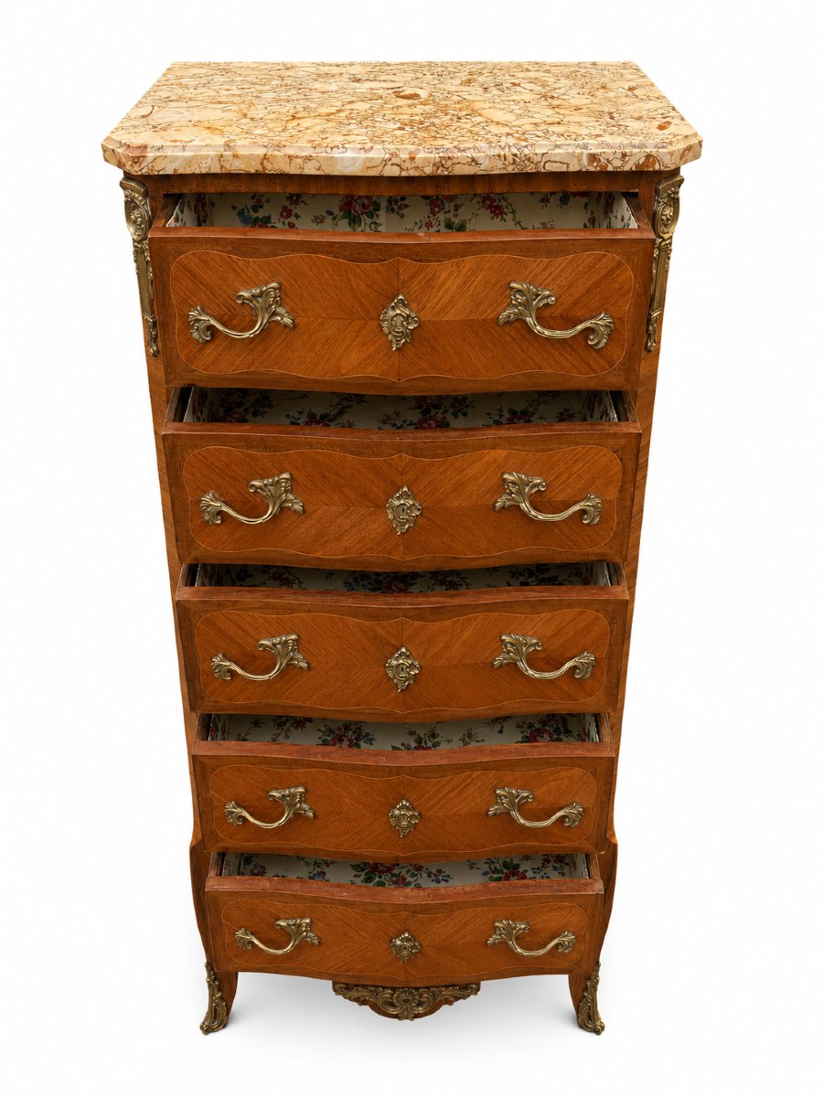 Chiffonnier de style Louis XV en marqueterie de bois de rose, dessus de marbre-photo-2