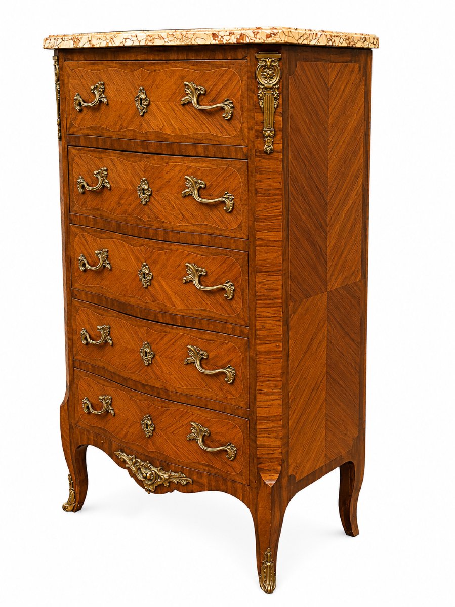 Chiffonnier de style Louis XV en marqueterie de bois de rose, dessus de marbre-photo-4
