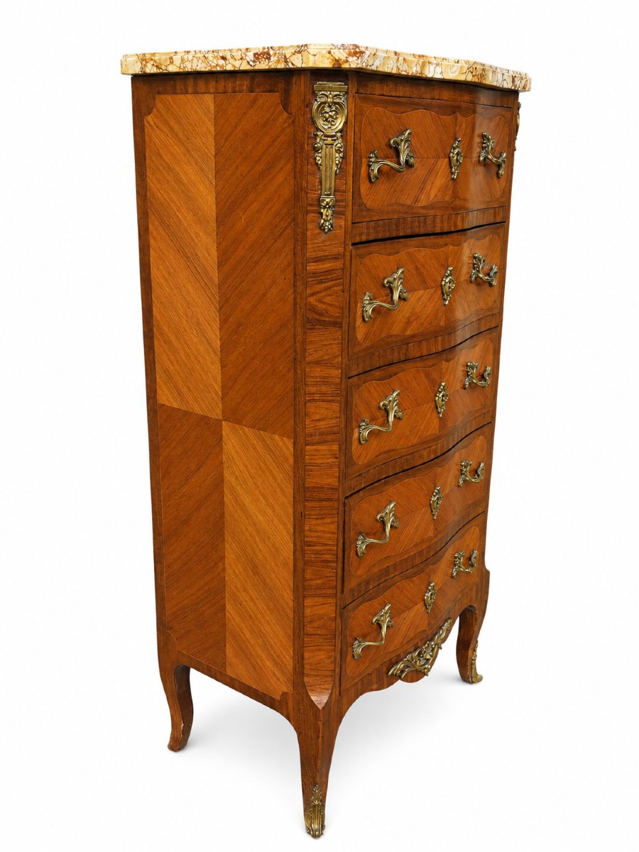 Chiffonnier de style Louis XV en marqueterie de bois de rose, dessus de marbre-photo-1