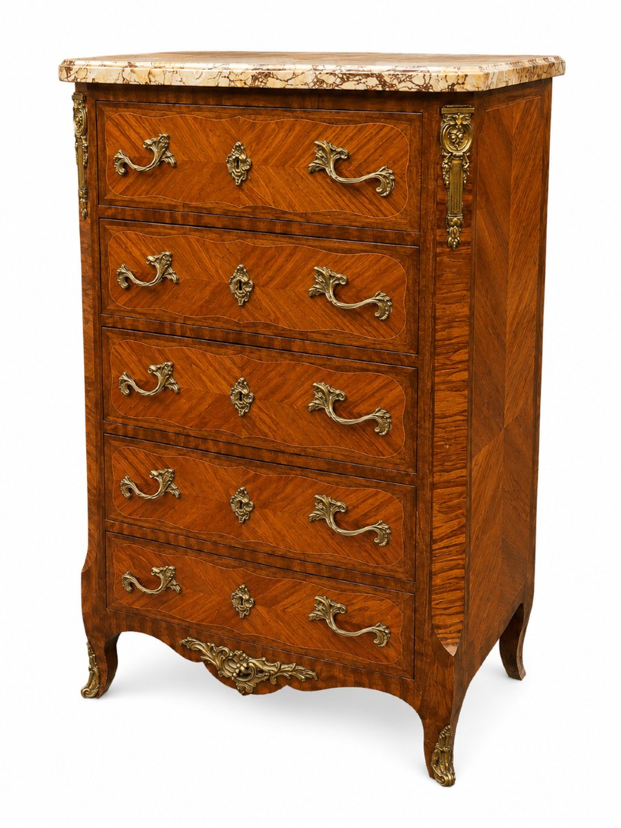 Chiffonnier de style Louis XV en marqueterie de bois de rose, dessus de marbre-photo-2