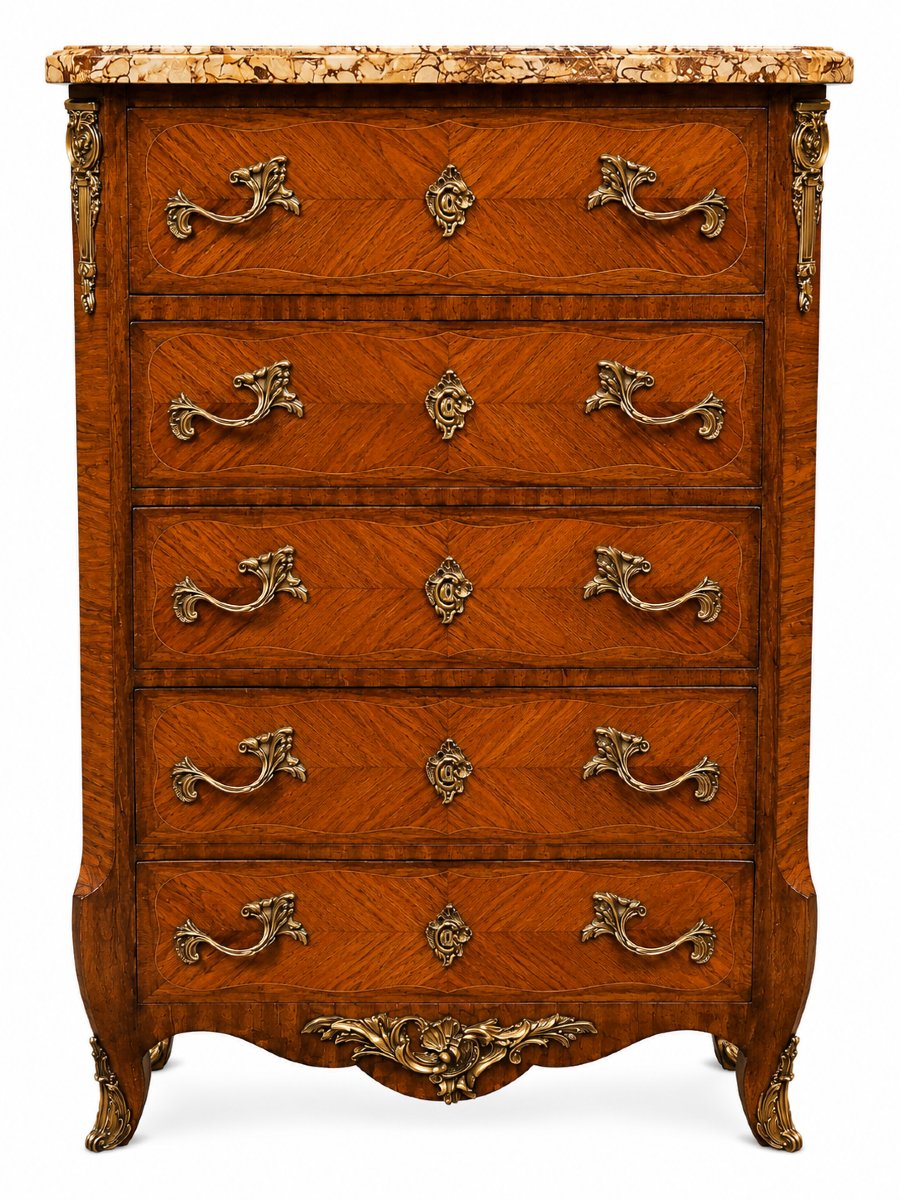 Chiffonnier de style Louis XV en marqueterie de bois de rose, dessus de marbre-photo-3