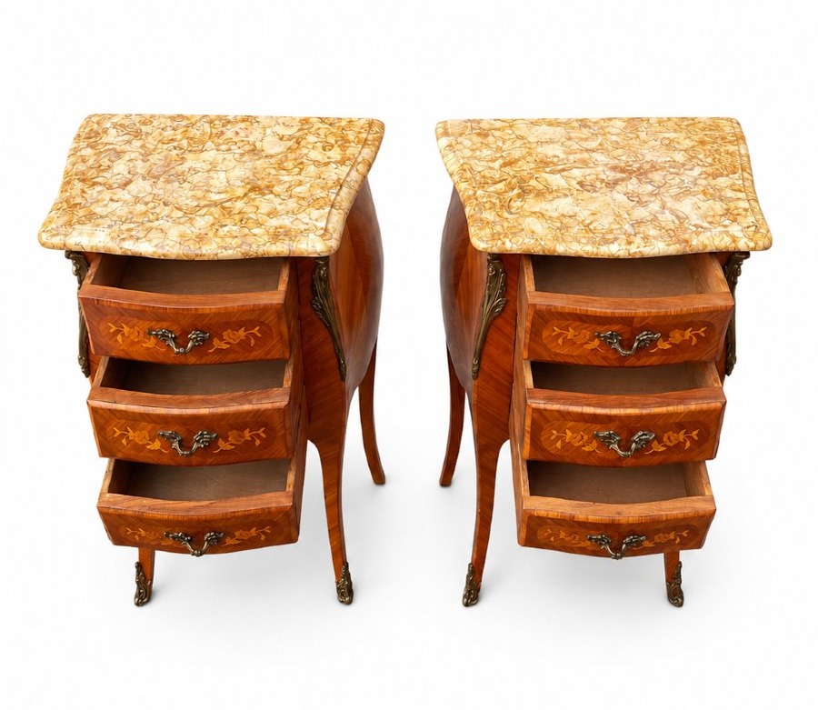 Paire de chevets de style Louis XV en bois de rose et marqueterie, dessus de marbre-photo-2