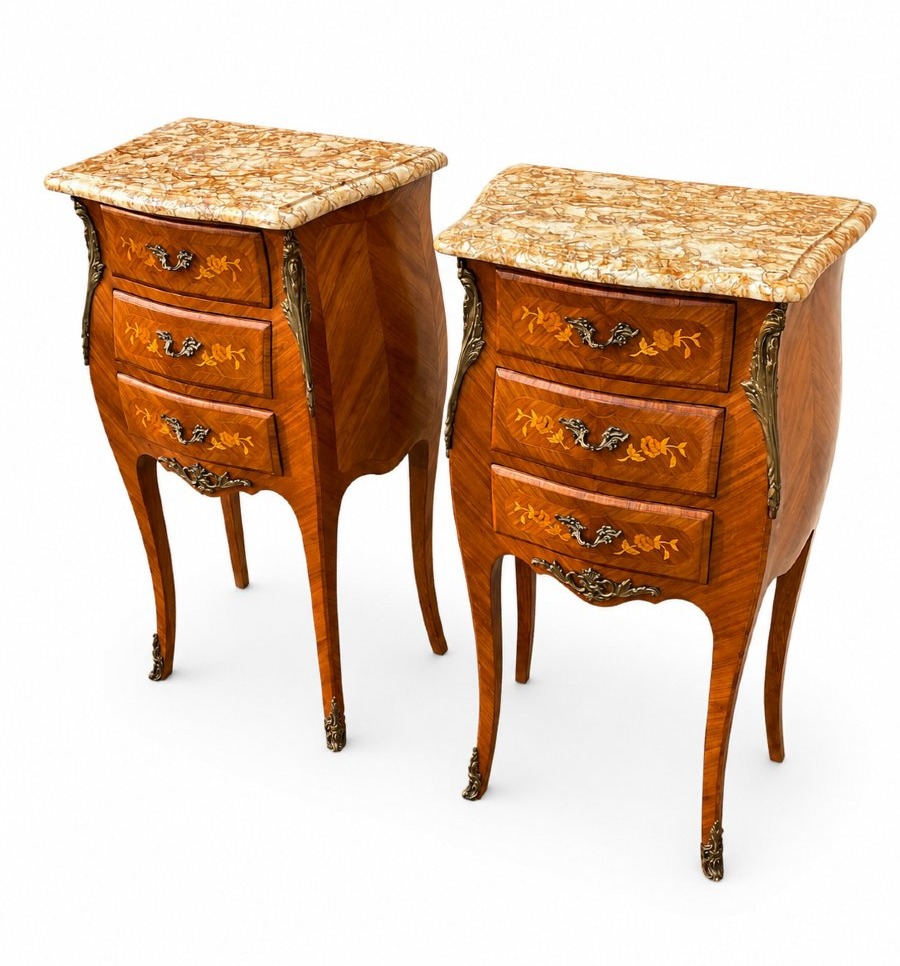 Paire de chevets de style Louis XV en bois de rose et marqueterie, dessus de marbre-photo-3
