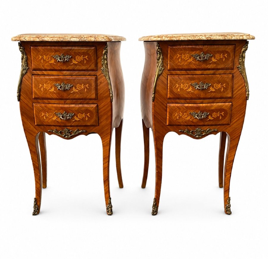 Paire de chevets de style Louis XV en bois de rose et marqueterie, dessus de marbre-photo-4