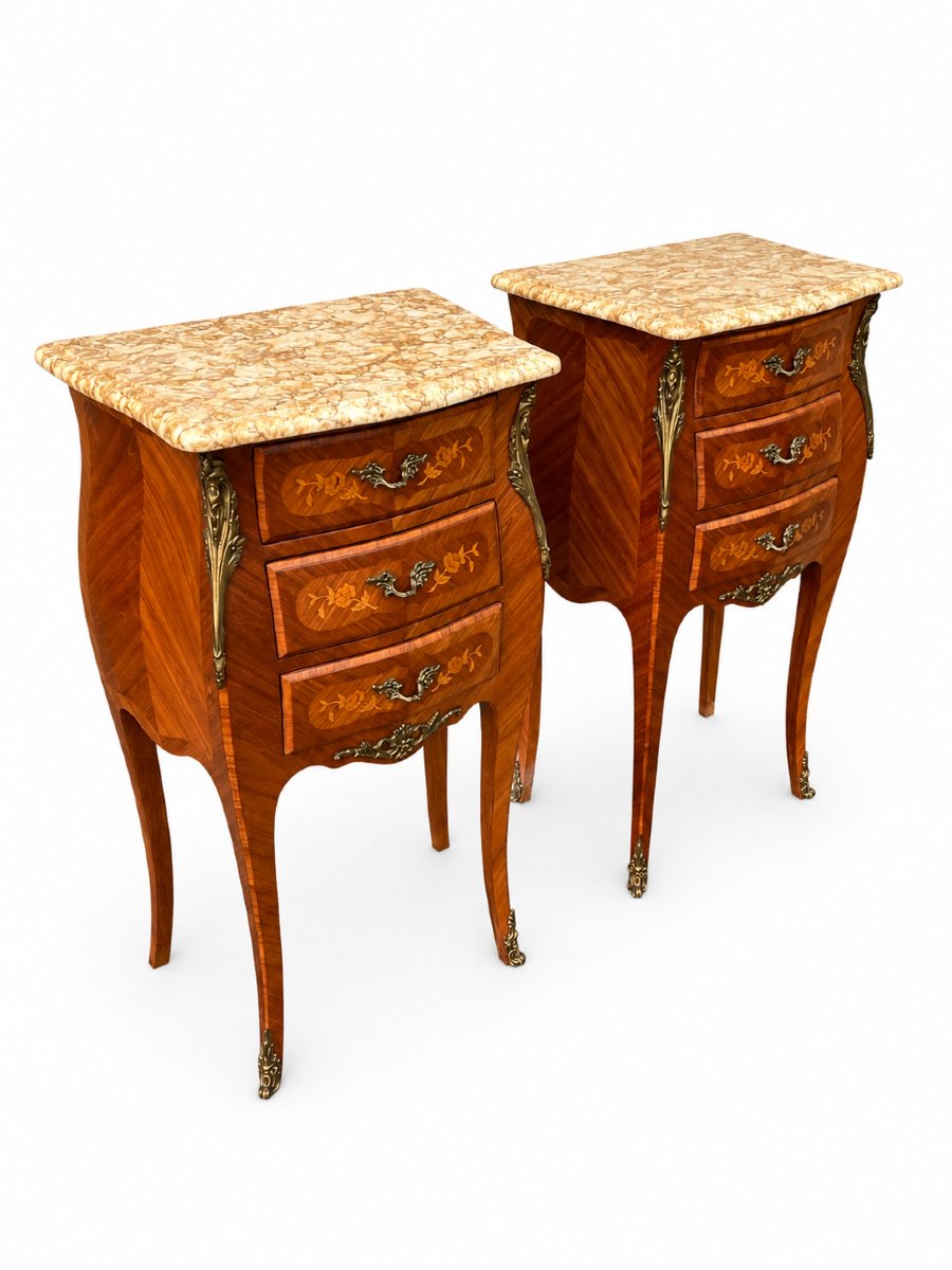 Paire de chevets de style Louis XV en bois de rose et marqueterie, dessus de marbre-photo-2