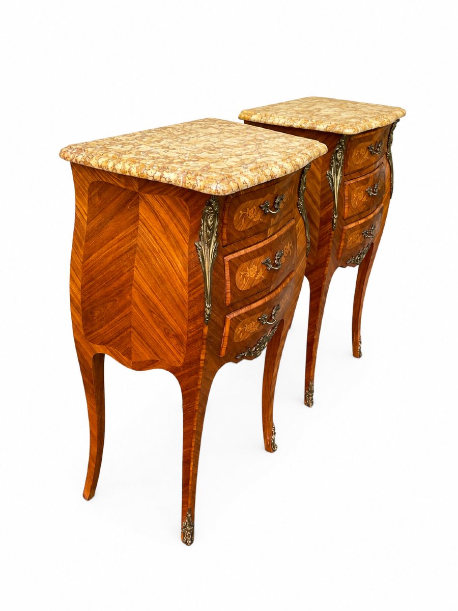 Paire de chevets de style Louis XV en bois de rose et marqueterie, dessus de marbre-photo-3