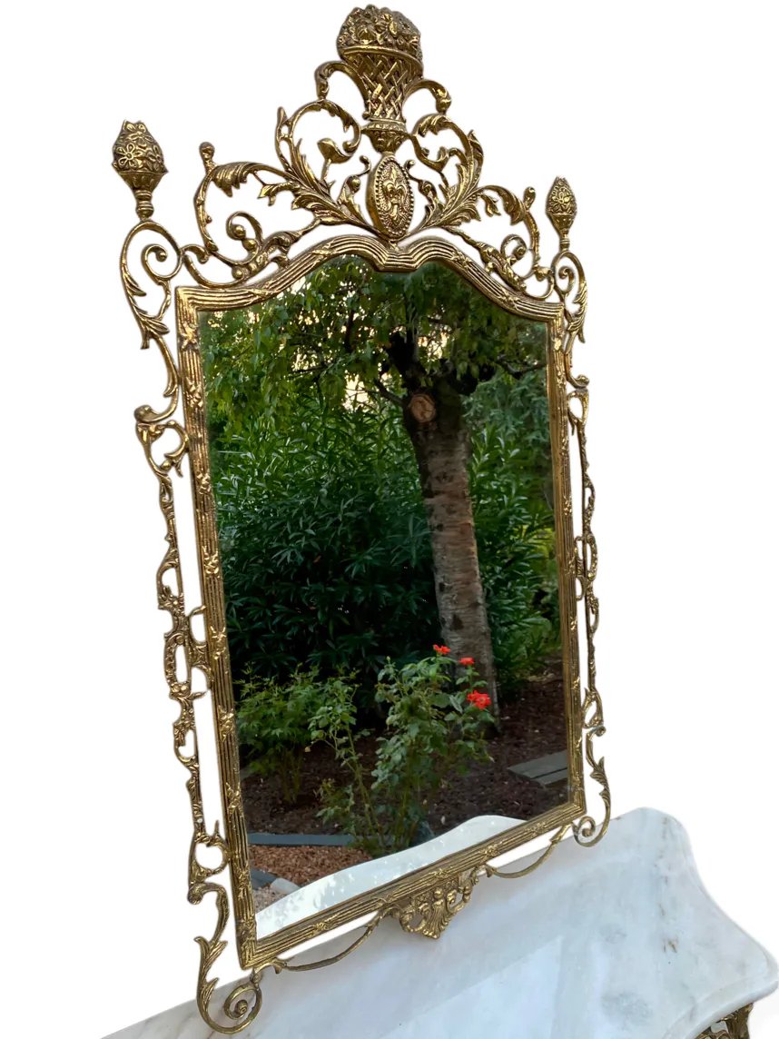 Console et miroir en laiton doré, marbre blanc - Style Louis XV Rococo-photo-2
