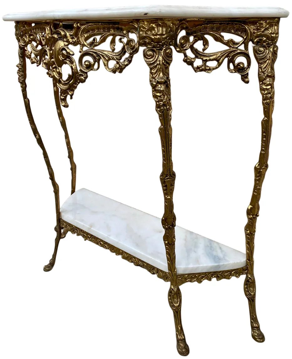 Console et miroir en laiton doré, marbre blanc - Style Louis XV Rococo-photo-3