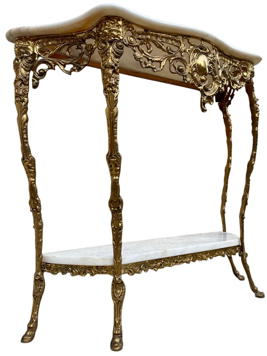 Console et miroir en laiton doré, marbre blanc - Style Louis XV Rococo-photo-1