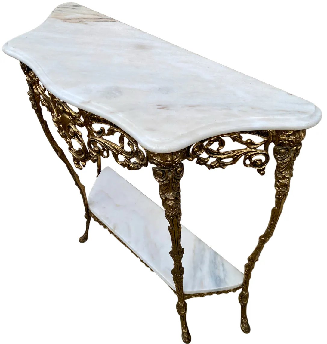 Console et miroir en laiton doré, marbre blanc - Style Louis XV Rococo-photo-3