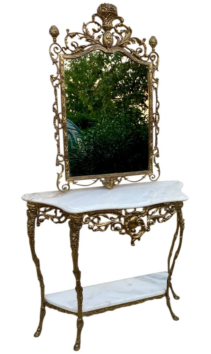 Console et miroir en laiton doré, marbre blanc - Style Louis XV Rococo