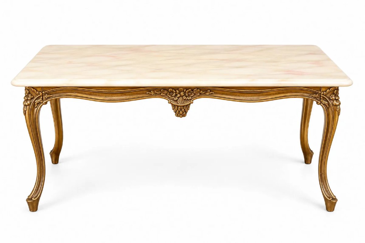Table basse de style Louis XV en bronze doré et marbre blanc veiné - XXe siècle-photo-3