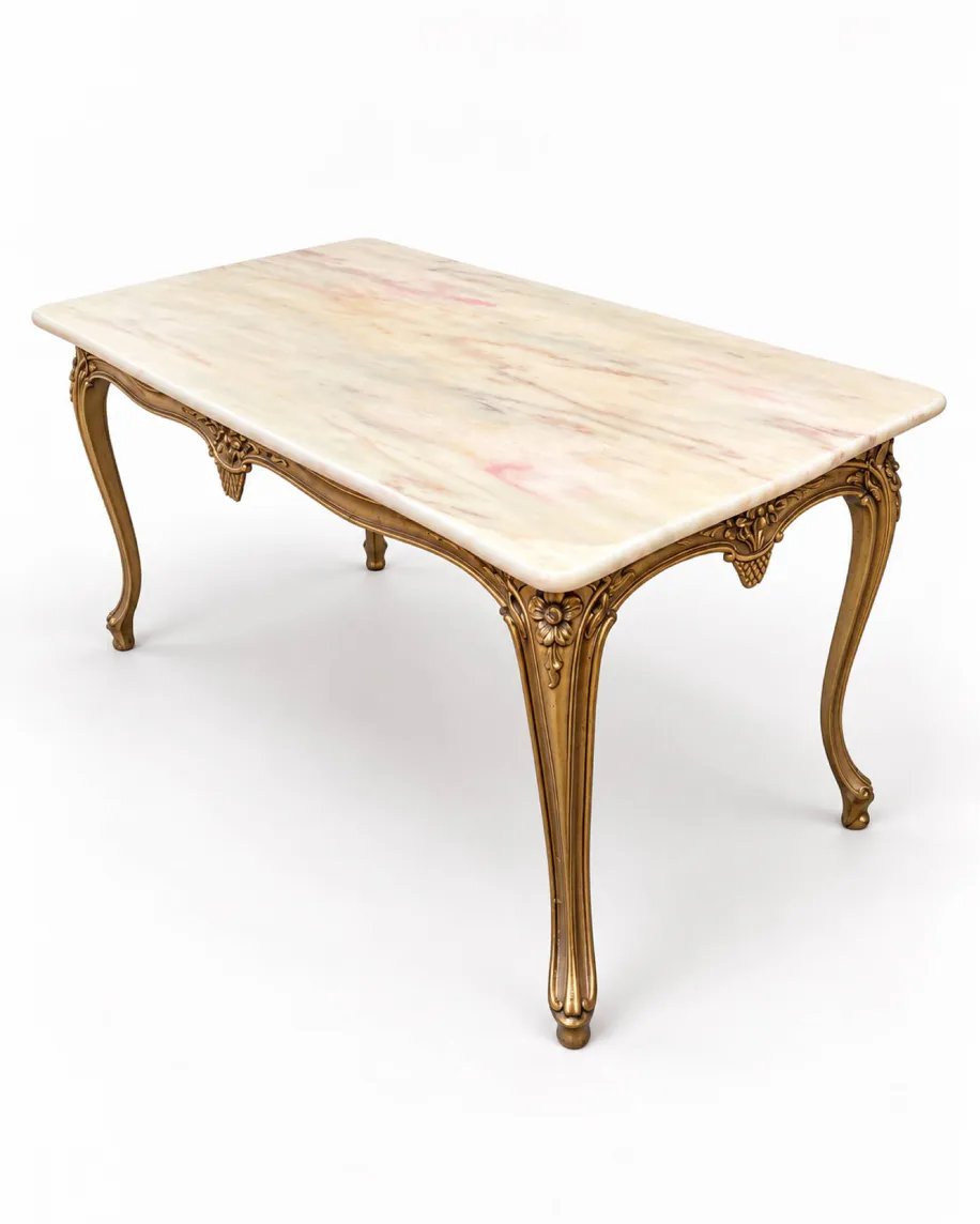 Table basse de style Louis XV en bronze doré et marbre blanc veiné - XXe siècle