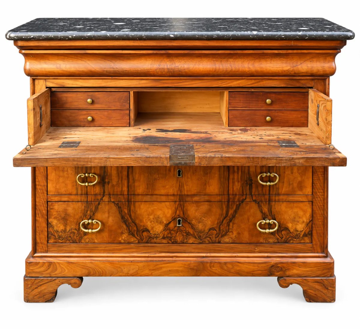 Commode secrétaire Louis-Philippe XIXe en placage de noyer et ronce de noyer, marbre noir-photo-2