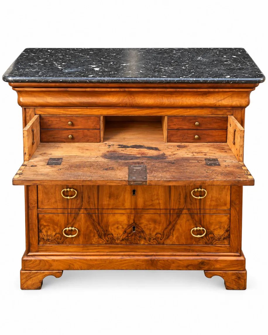 Commode secrétaire Louis-Philippe XIXe en placage de noyer et ronce de noyer, marbre noir-photo-3