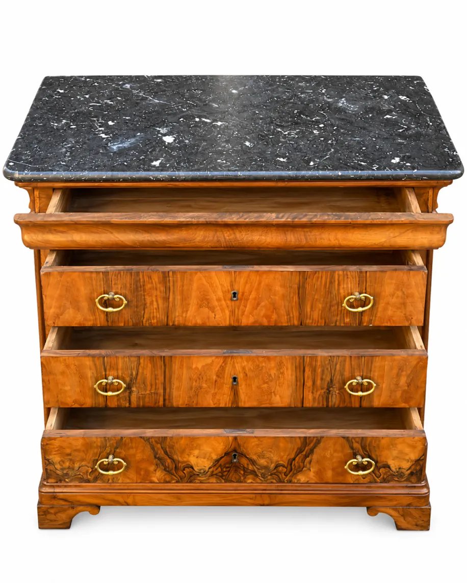Commode secrétaire Louis-Philippe XIXe en placage de noyer et ronce de noyer, marbre noir-photo-4