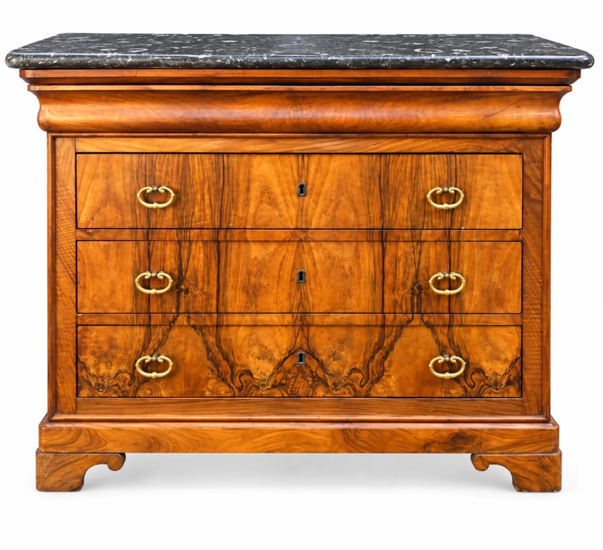 Commode secrétaire Louis-Philippe XIXe en placage de noyer et ronce de noyer, marbre noir-photo-1