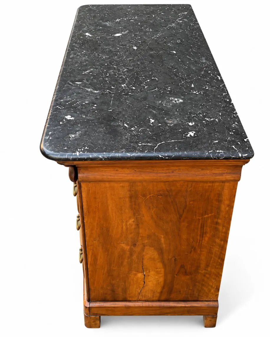 Commode secrétaire Louis-Philippe XIXe en placage de noyer et ronce de noyer, marbre noir-photo-2