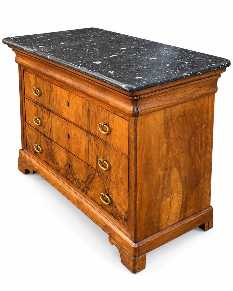 Commode secrétaire Louis-Philippe XIXe en placage de noyer et ronce de noyer, marbre noir-photo-3