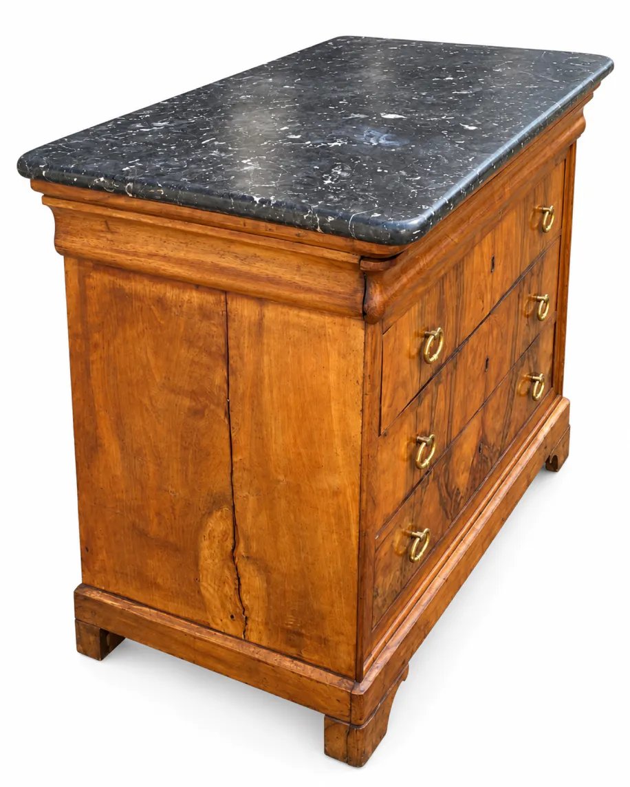 Commode secrétaire Louis-Philippe XIXe en placage de noyer et ronce de noyer, marbre noir-photo-4