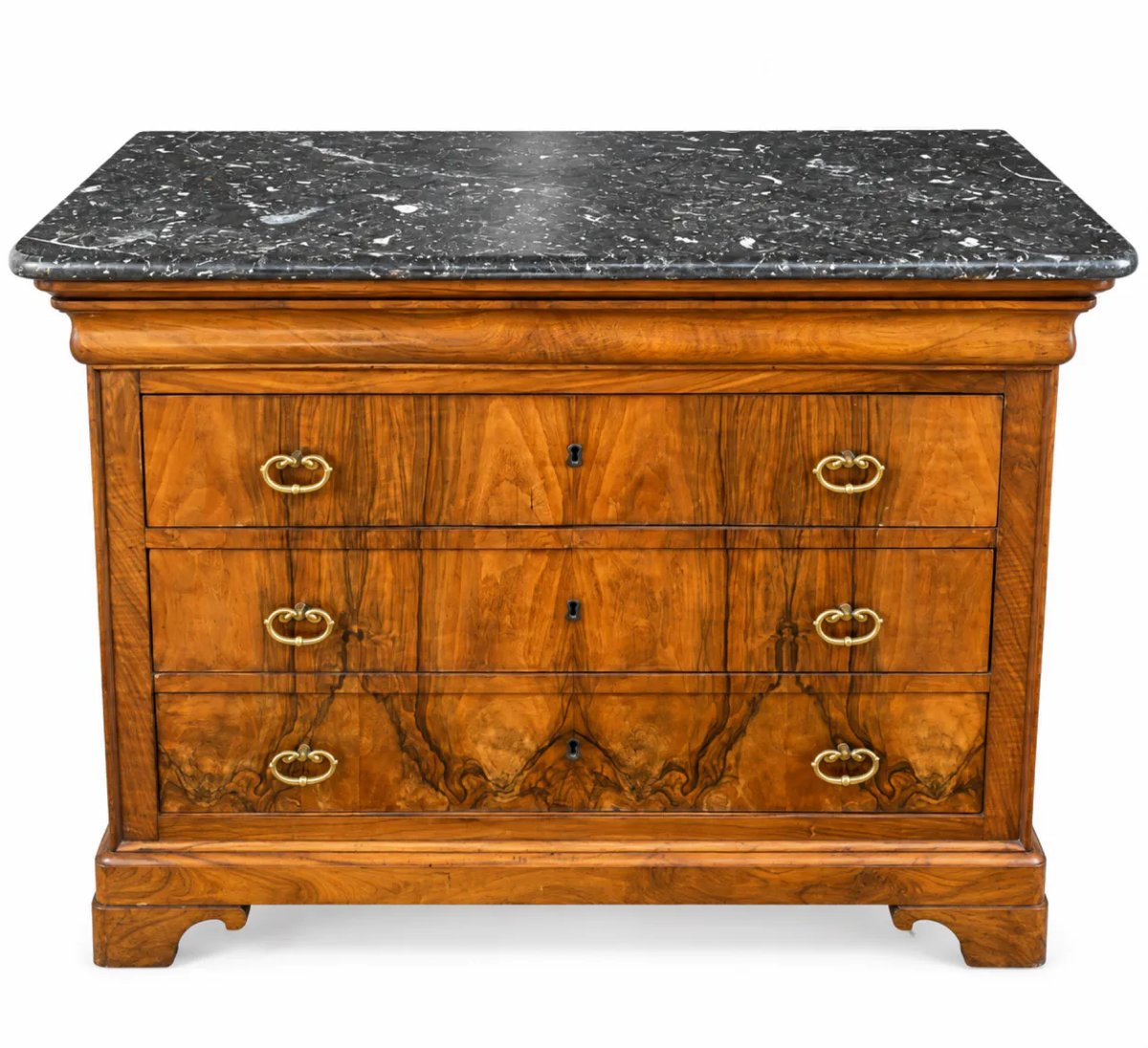 Commode secrétaire Louis-Philippe XIXe en placage de noyer et ronce de noyer, marbre noir