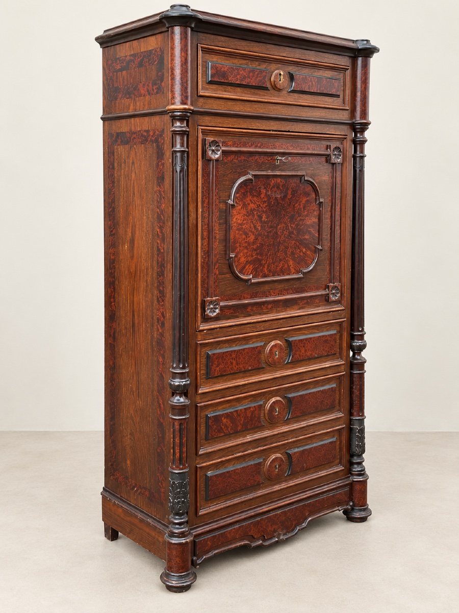 Napoleon III-style Drop-leaf Desk In Walnut And Maple-photo-4