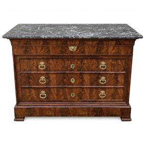 Louis Philippe 19th Century Walnut And Walnut Burl Chest Of Drawers Black Veined Marble