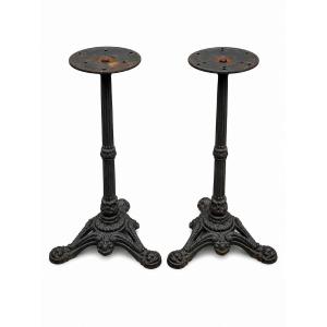 Paire de pieds de table bistrot ancien en fer forgé