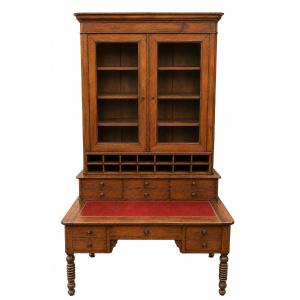 Important bureau bibliothèque avec vitrine, casiers et fauteuil - fin XIXe / début XXe siècle