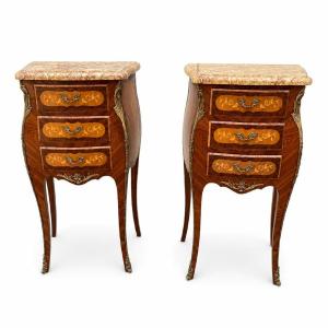 Pair Of Curved Louis XV-style Nightstands In Floral Marquetry, Gilded Bronze, And Marble