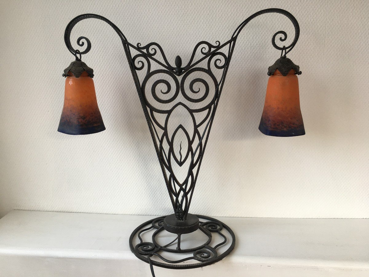 Beautiful Art Deco Wrought Iron Lamp Tulips Muller Frères Lunéville-photo-1