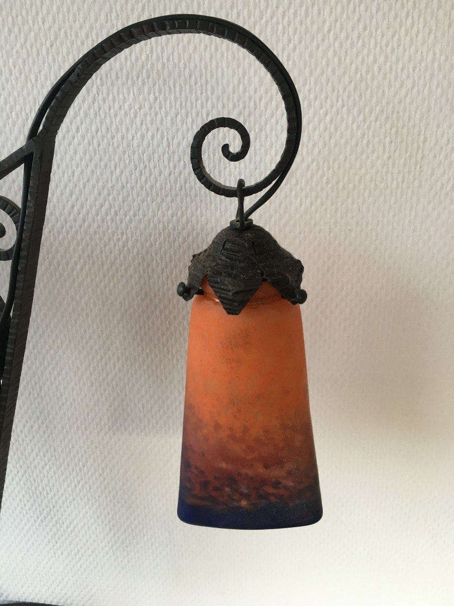 Beautiful Art Deco Wrought Iron Lamp Tulips Muller Frères Lunéville-photo-2