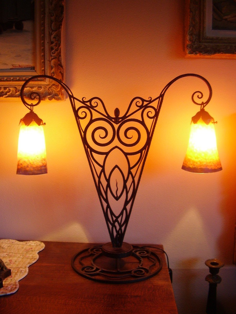 Beautiful Art Deco Wrought Iron Lamp Tulips Muller Frères Lunéville