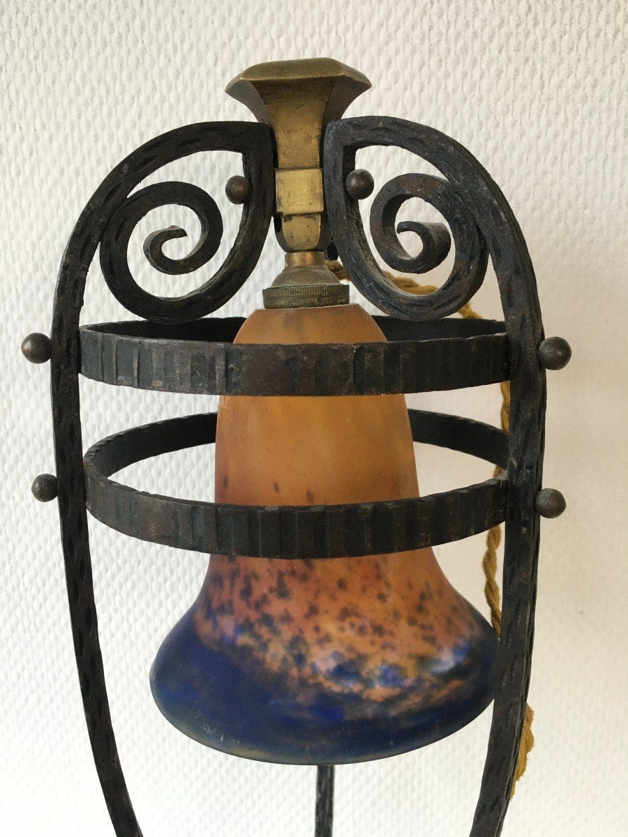 Beautiful Art Deco Tulip Wrought Iron Lamp Muller Frères Lunéville-photo-2