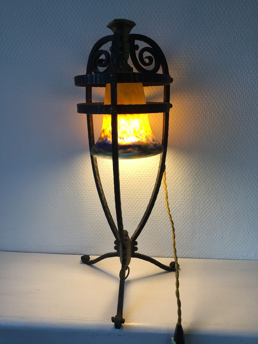 Beautiful Art Deco Tulip Wrought Iron Lamp Muller Frères Lunéville-photo-3