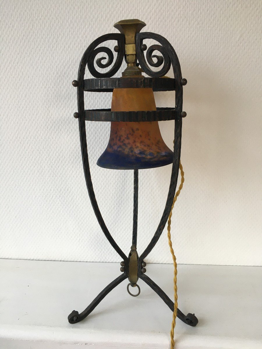 Beautiful Art Deco Tulip Wrought Iron Lamp Muller Frères Lunéville