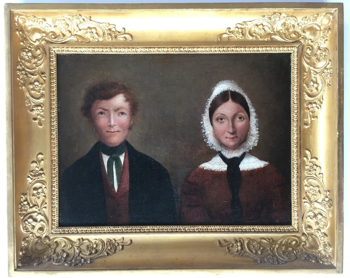 Charmant Tableau Peinture XIXème Portrait De Couple époque Louis Philippe