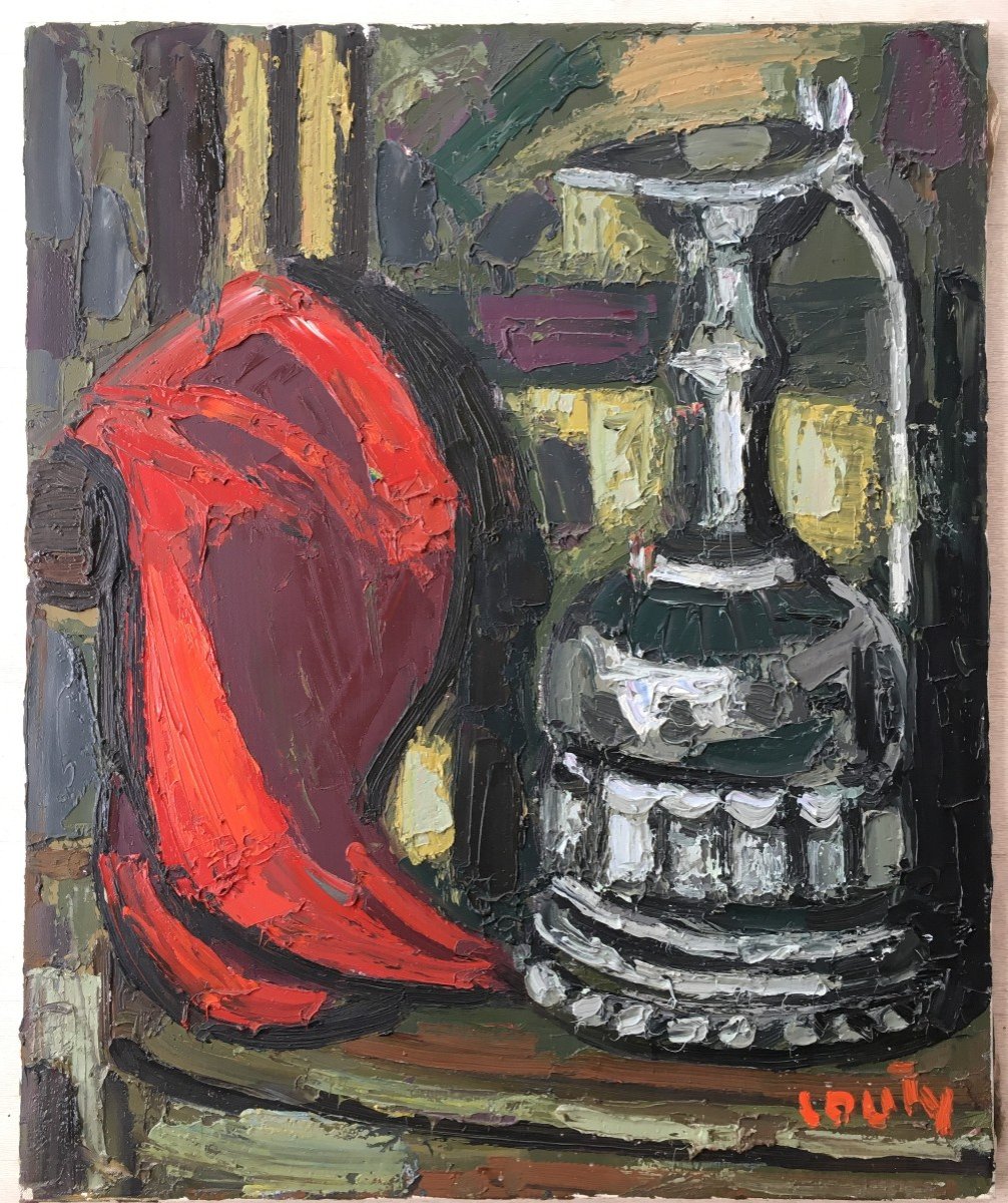 Painting Still Life With Red Drape By Jean Couty 1907-1991 Lyonnais Painter