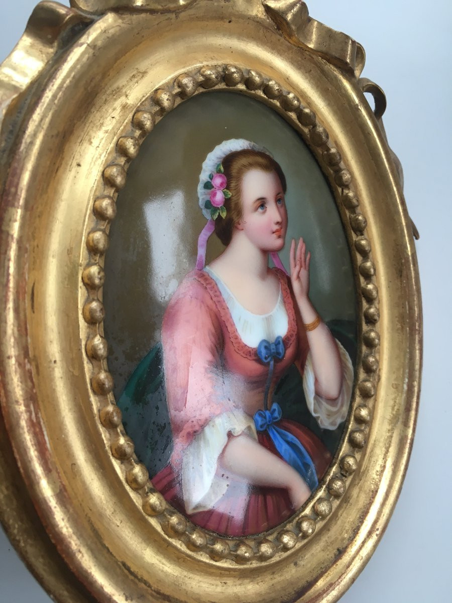 Portrait Of A Woman, Porcelain Painting In A Gold Frame-photo-2