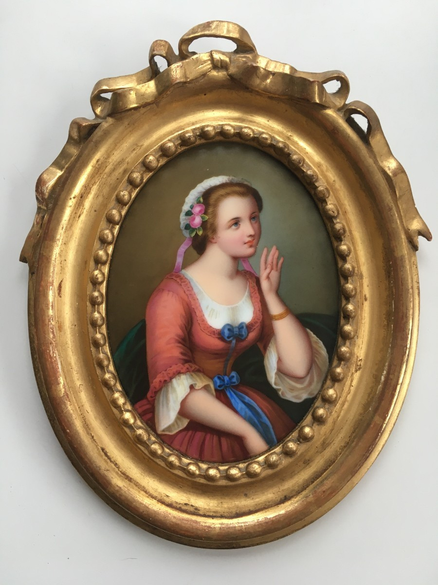Portrait Of A Woman, Porcelain Painting In A Gold Frame
