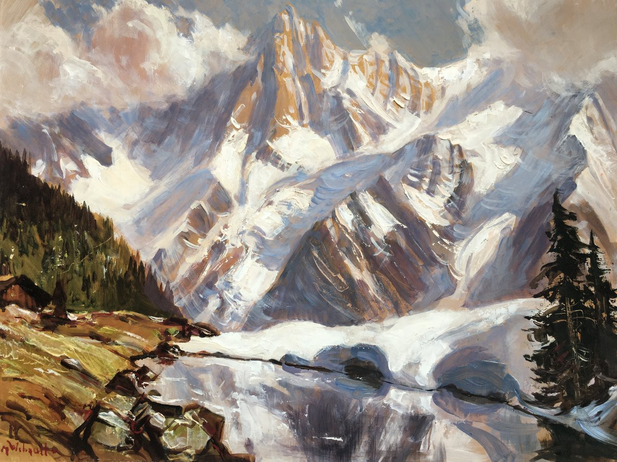 Tableau peinture de montagne par Marcel Wibault Chamonix l'Aiguille du Midi-photo-3