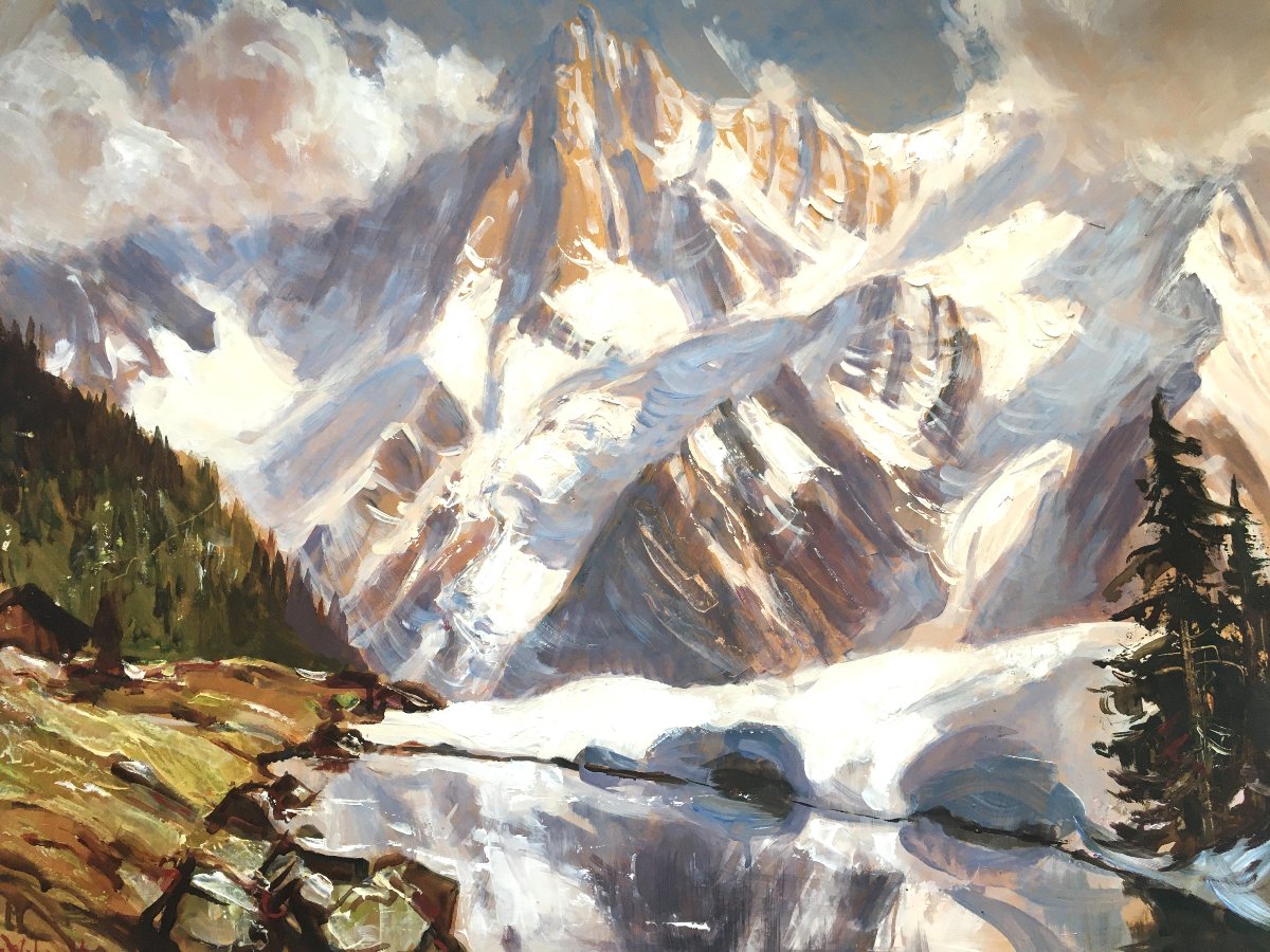 Tableau peinture de montagne par Marcel Wibault Chamonix l'Aiguille du Midi-photo-4